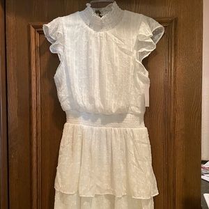 White Flutter Sleeve Mock Neck Tiered Dress, Size Large